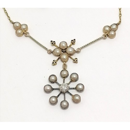 502 - Antique cased 15ct marked gold diamond & pearl set necklace (32cm) + matching earrings (with 9ct fit... 