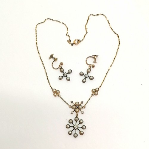 502 - Antique cased 15ct marked gold diamond & pearl set necklace (32cm) + matching earrings (with 9ct fit... 