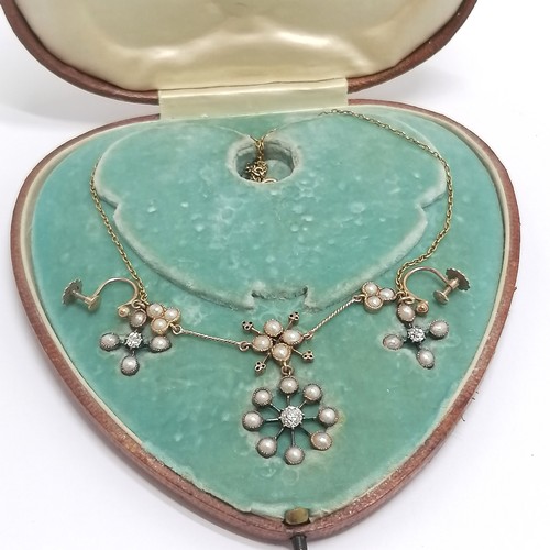 502 - Antique cased 15ct marked gold diamond & pearl set necklace (32cm) + matching earrings (with 9ct fit... 