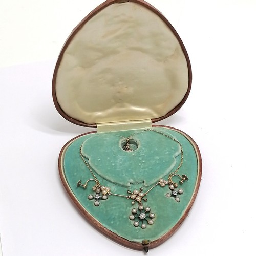 502 - Antique cased 15ct marked gold diamond & pearl set necklace (32cm) + matching earrings (with 9ct fit... 