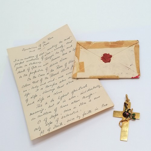 504 - Antique 15ct marked gold rose of Sharon enamel cross with historical letter / details - 6cm drop & 1... 