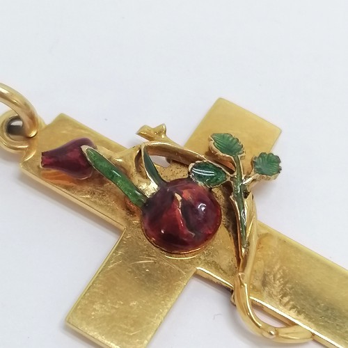 504 - Antique 15ct marked gold rose of Sharon enamel cross with historical letter / details - 6cm drop & 1... 