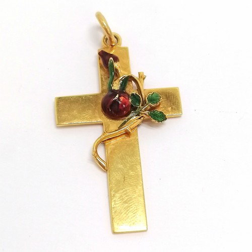 504 - Antique 15ct marked gold rose of Sharon enamel cross with historical letter / details - 6cm drop & 1... 