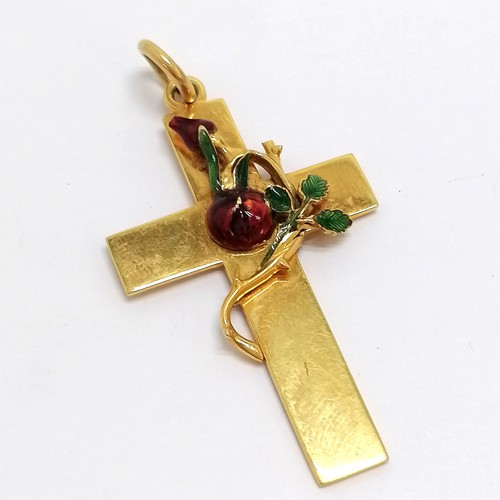 504 - Antique 15ct marked gold rose of Sharon enamel cross with historical letter / details - 6cm drop & 1... 
