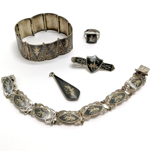509 - Silver Siamese niello jewellery - 2 bracelets, ring, pendant & unmarked tie clip - total weight 65g