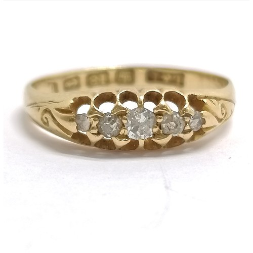 518 - Antique 18ct hallmarked gold 5 stone diamond ring - size K½ & 1.8g total weight