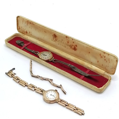 519 - 2 x vintage 9ct marked gold cased manual wind wristwatches (1 on a/f gold stretchy strap) - total we... 