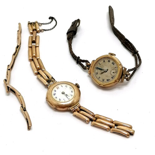 519 - 2 x vintage 9ct marked gold cased manual wind wristwatches (1 on a/f gold stretchy strap) - total we... 