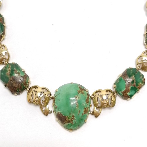 520 - Antique 18ct marked gold necklace set with cabochon shaped turquoise stones interspersed with pierce... 