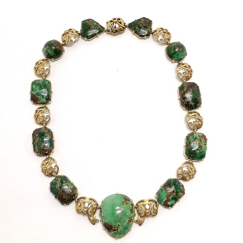 520 - Antique 18ct marked gold necklace set with cabochon shaped turquoise stones interspersed with pierce... 