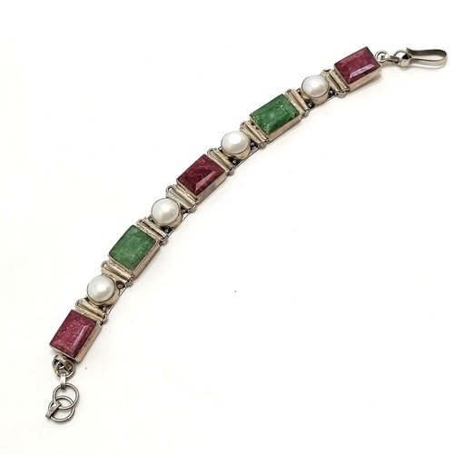 522 - Indian silver bracelet set with emeralds, pearls & red stones - 21cm & 28g total weight