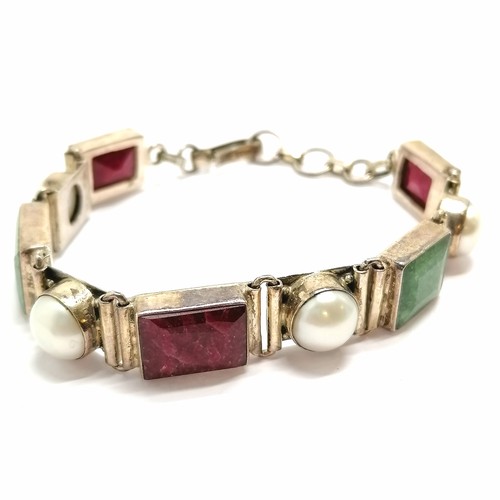 522 - Indian silver bracelet set with emeralds, pearls & red stones - 21cm & 28g total weight