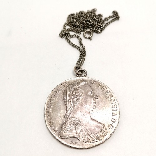 714 - Silver Maria Theresa thaler coin (as pendant) on an unmarked 48cm chain ~ total weight 32g - SOLD ON... 