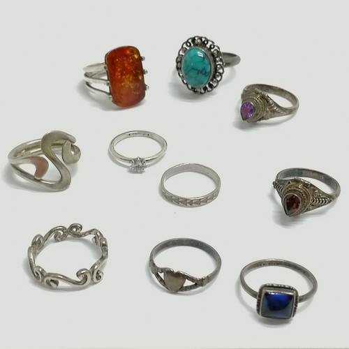 715 - 10 x silver rings inc Pandora 'Dreamer', garnet, amber, antique Charles Horner heart etc - total wei... 