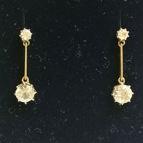 724 - 9ct Chester hallmarked gold white stone set drop earrings - 2cm drop & 1.3g total weight