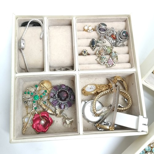 740 - Cream stacking box of jewellery inc silver, pair of stone set swivel fobs converted into earrings, s... 