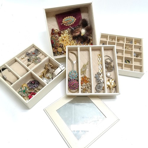 740 - Cream stacking box of jewellery inc silver, pair of stone set swivel fobs converted into earrings, s... 