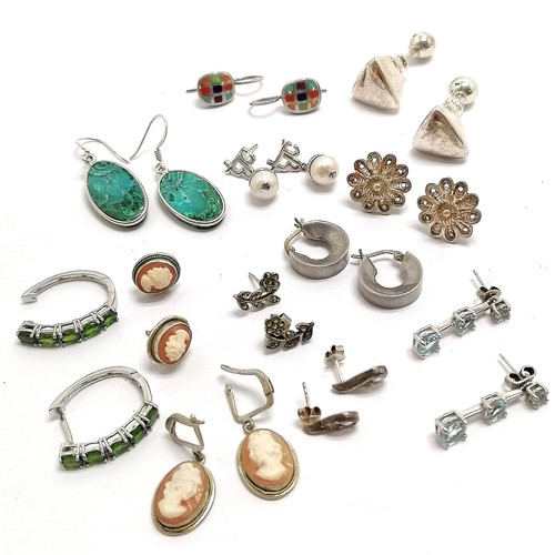 751 - 12 x pairs of silver earrings (some unmarked) inc unusual triangular, hand carved portrait cameo, mo... 