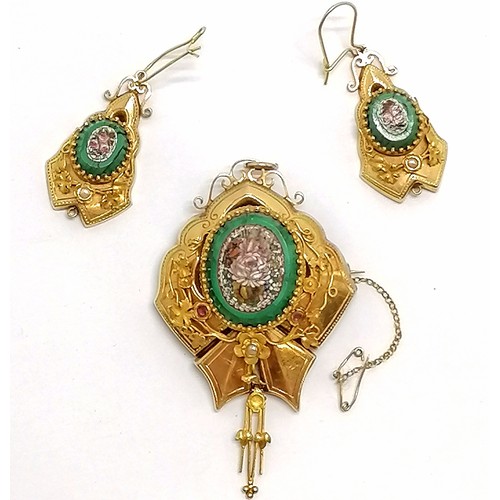 754 - Antique unmarked gold brooch & earrings set with micro mosaic panels mounted on green glass - brooch... 