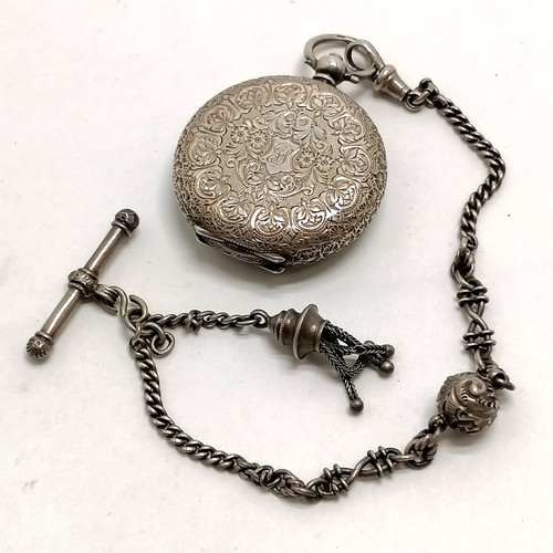 772 - Ladies antique silver cased fob watch - 35mm diameter on a silver albertine chain (22cm) - for spare... 