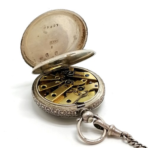 772 - Ladies antique silver cased fob watch - 35mm diameter on a silver albertine chain (22cm) - for spare... 