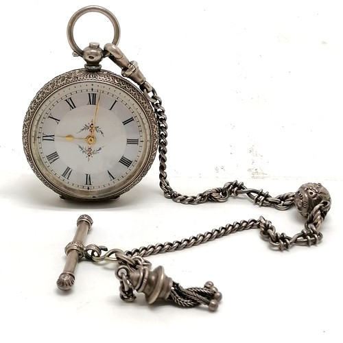772 - Ladies antique silver cased fob watch - 35mm diameter on a silver albertine chain (22cm) - for spare... 
