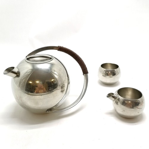 440 - Pewter Sheffield designer teapot, cream jug & sugar ~ teapot 14cm high ~ slight dents
