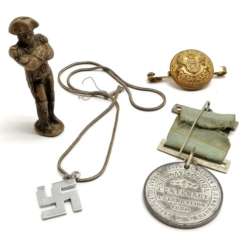 445 - Antique Napoleon meerschaum pipe tamper (5.5cm & a/f), aircraft aluminium swastika pendant on chain ... 