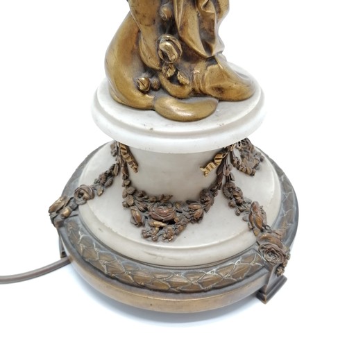 449 - Original bronze cast lamp with cherub figural detail on a white marble base - height to shade post 9... 