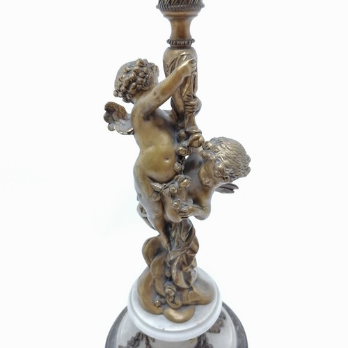 449 - Original bronze cast lamp with cherub figural detail on a white marble base - height to shade post 9... 