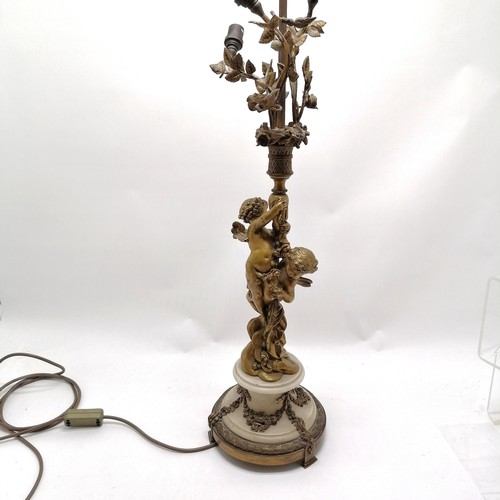 449 - Original bronze cast lamp with cherub figural detail on a white marble base - height to shade post 9... 