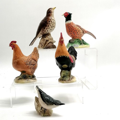 451 - 5 x Beswick bird figures - cockerel, chicken, thrush, nuthatch & pheasant - thrush 14cm high & a/f