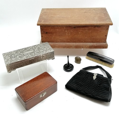455 - Antique small pine box (38cm x 20cm x 15cm) containing oddments including a black handbag