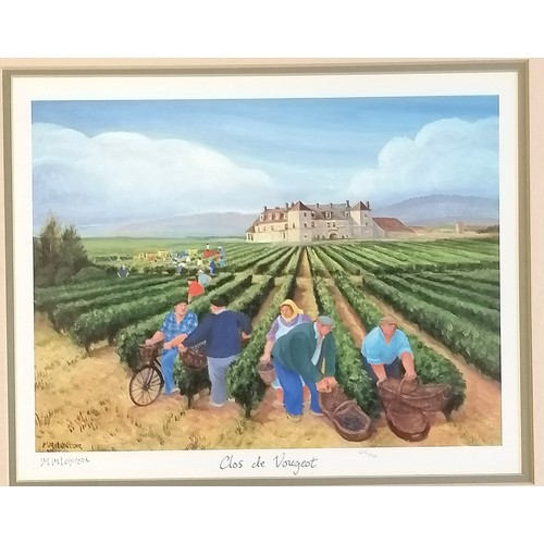 456 - Set of 4 x Burgundy vineyards framed prints signed by Margaret Loxton ~ Chambolle-Musigny, Gevrey-Ch... 