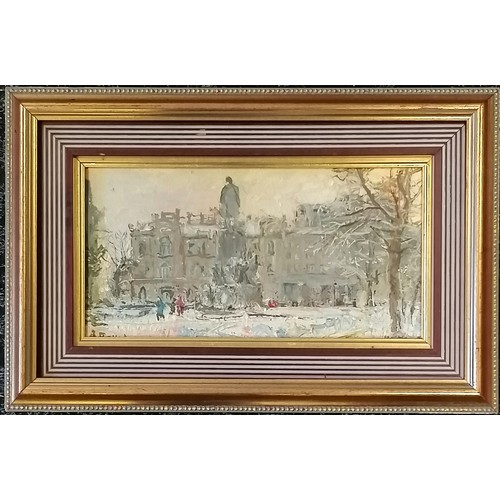 463 - Framed oil on canvas painting of Taras Shevchenko park (inc statue) by V A Panov - frame 25.5cm x 38... 