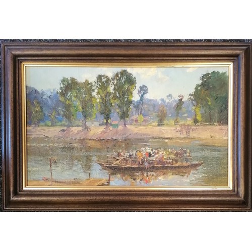 464 - Framed 1949 oil painting on canvas of a ferry, annotated and dated to the reverse - frame 40cm x 60c... 