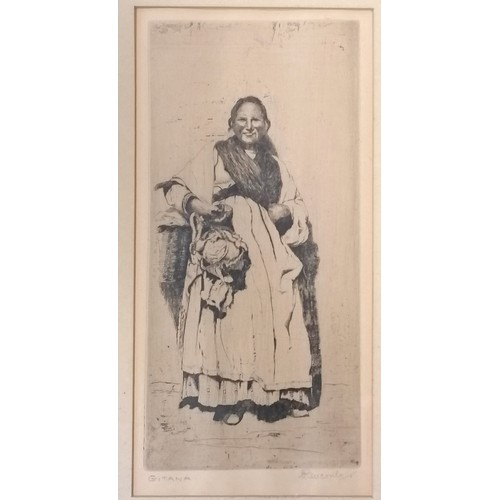 465 - Framed etching of a lady titled 'Gitana' by Antoine Marie Roucoule (1848-1918) - frame 51cm x 34cm