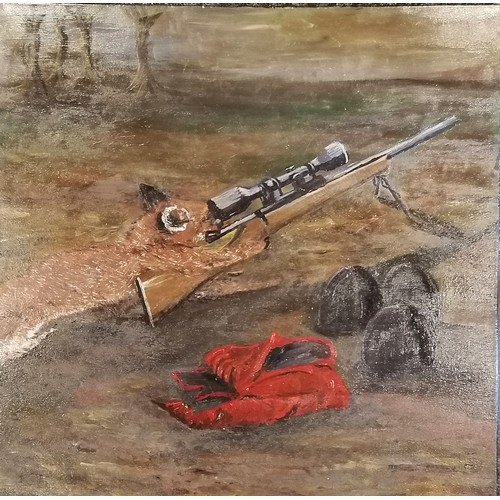 448 - Original oil painting of a fox with hunting rifle - 80cm square