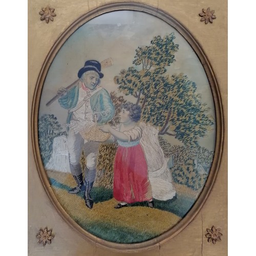 1 - Antique framed pair of 18thc needlework pictures on silk depicting children at harvest time in their... 