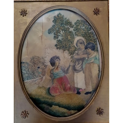 1 - Antique framed pair of 18thc needlework pictures on silk depicting children at harvest time in their... 