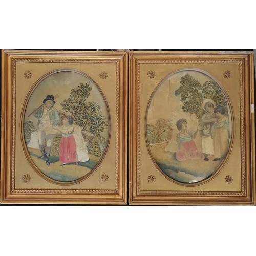 1 - Antique framed pair of 18thc needlework pictures on silk depicting children at harvest time in their... 