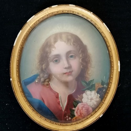 2 - Antique oval oil on board of a girl holding flowers in original frame 24cm x 21cm - some slight loss... 