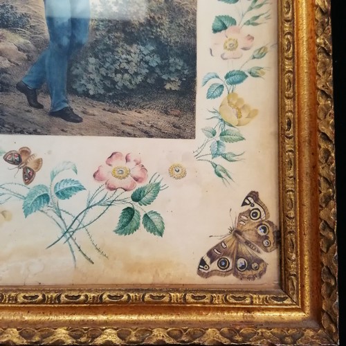3 - Framed antique hand coloured etching of a gardener with hand painted border of flowers and butterfli... 