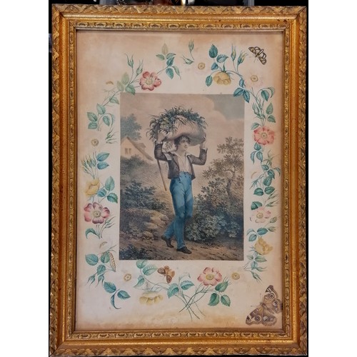 3 - Framed antique hand coloured etching of a gardener with hand painted border of flowers and butterfli... 