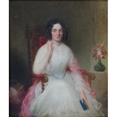 7 - Solomon Cole 19thc signed oil on board portrait of a woman (R I Ross?) seated with roses in a gilt f... 