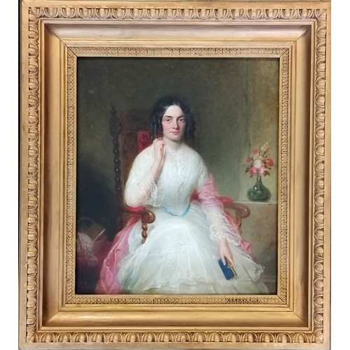 7 - Solomon Cole 19thc signed oil on board portrait of a woman (R I Ross?) seated with roses in a gilt f... 
