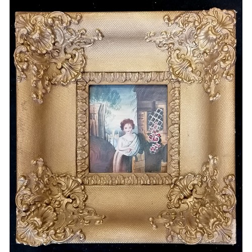 9 - Antique continental watercolour on paper of a woman in her garden in its original frame 20cm x 21cm ... 