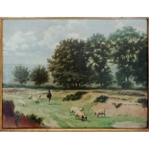10 - Antique gilt framed painting, oil on board of a shepherd with his sheep unsigned- frame size 49cm x ... 