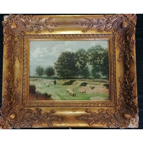 10 - Antique gilt framed painting, oil on board of a shepherd with his sheep unsigned- frame size 49cm x ... 