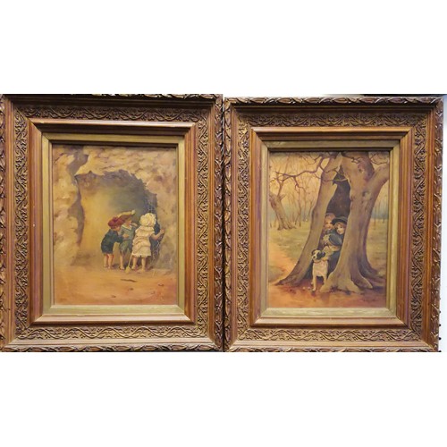 11 - 19thc pair of framed paintings oil on board of children playing hide and seek by Ada Allen 1892 as a... 
